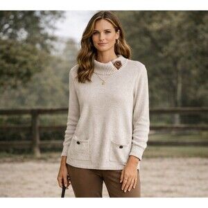 CHICOS Sweater Tunic Mock Neck Pockets Pullover Jumper Gray Beige Size O